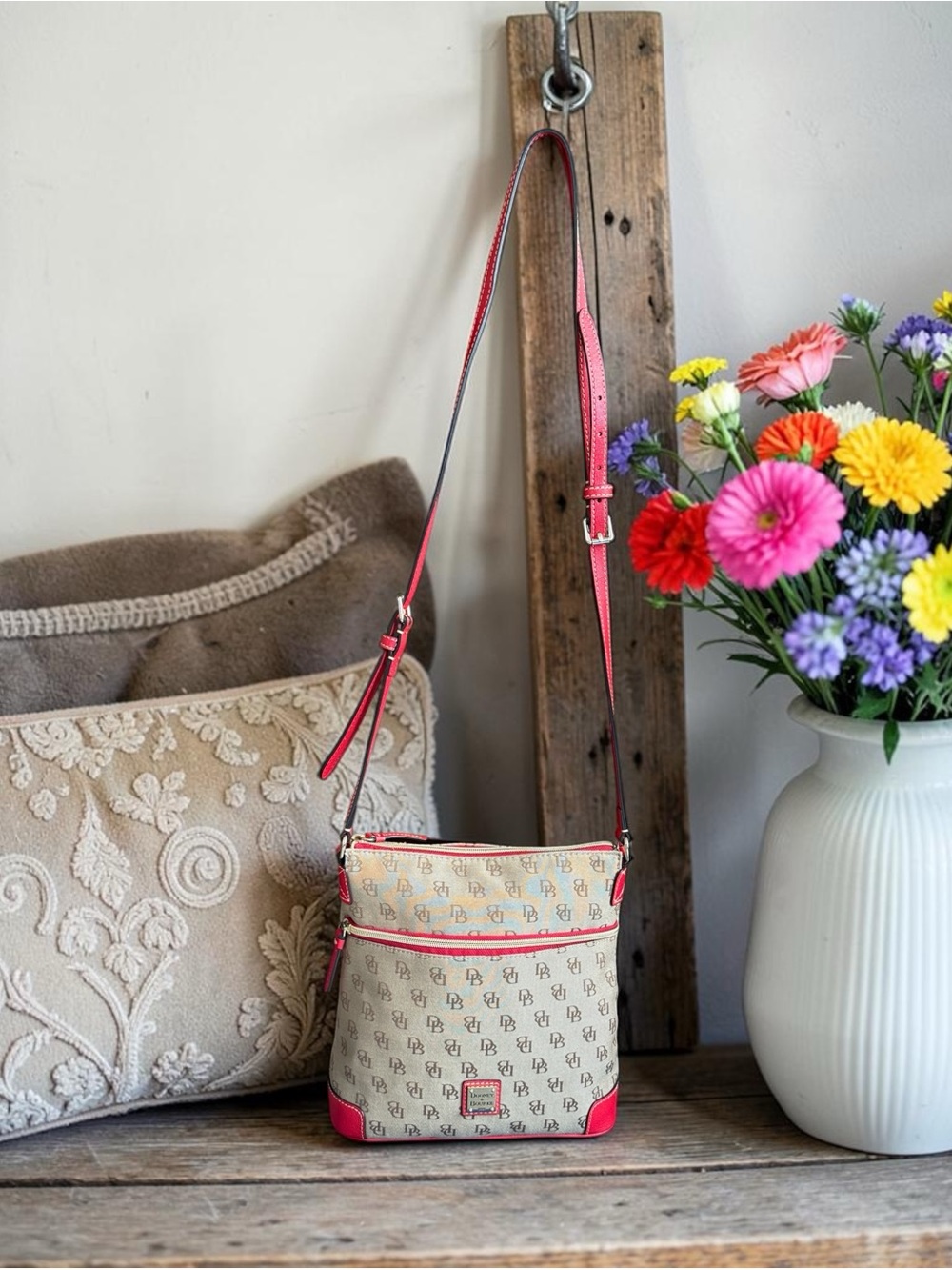 Dooney & Bourke Beige Logo Monogram Crossbody with Red Leather Trim and Strap